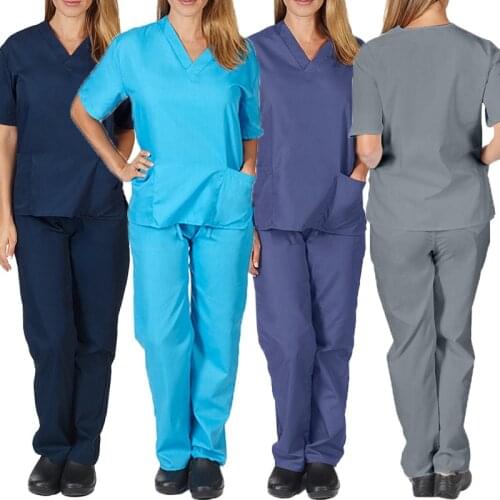 Women Scrub Sets Shorts Sleeve Pocket T-shirts Pants 2 Piece Men Loose Nursing Uniforms Beauty Salon Workwear Overalls Plus Size