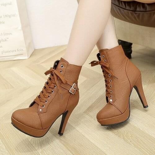 Plus Size Ankle Boots Women Platform High Heels Female Lace Up Womens Shoes Buckle Woman Short Boot Ladies Footwear
