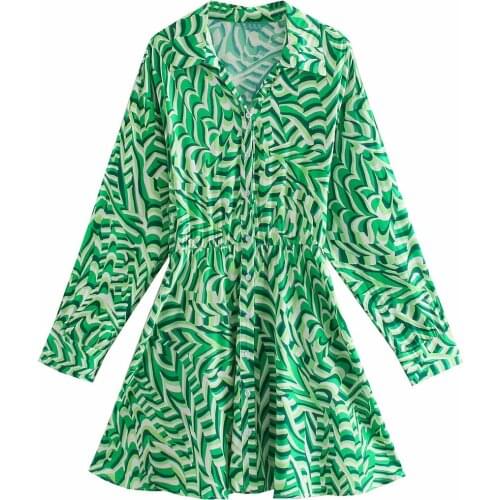 New Women Vogue Printed Single Breasted Waist Elastic Mini Shirt Dress Lapel Neck Three Quarter Sleeve Vintage Female Dresses