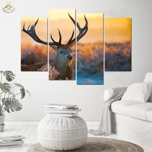 Winter Deer Golden Sunset Modern Wall Art Canvas Painting Posters and Prints Modular Wall Pictures for Living Rom 4 Pieces