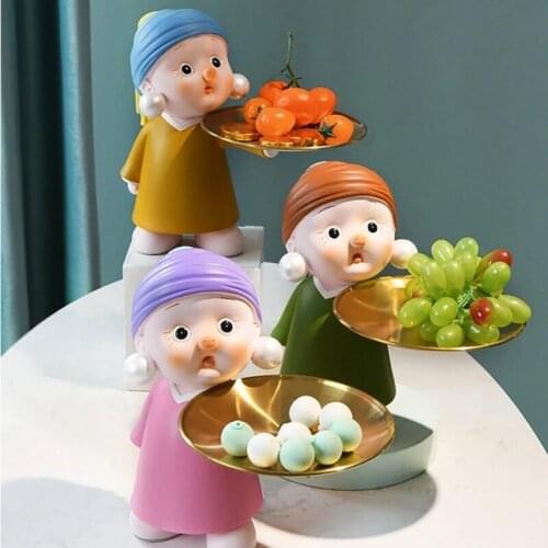 1Pcs Girl with Pearl Earrings Statue Keys Fruit Snack Lipstick Storage Tray Living Room Home Decoration Ornaments