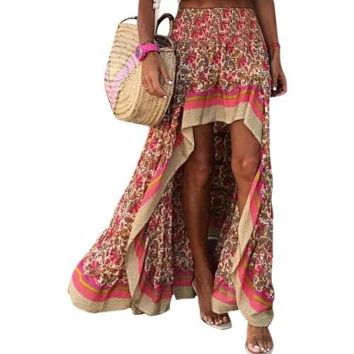 2022 Stylish Women Stylish Elastic High Waist Ethnic Floral Print High Low Hem Long Skirt