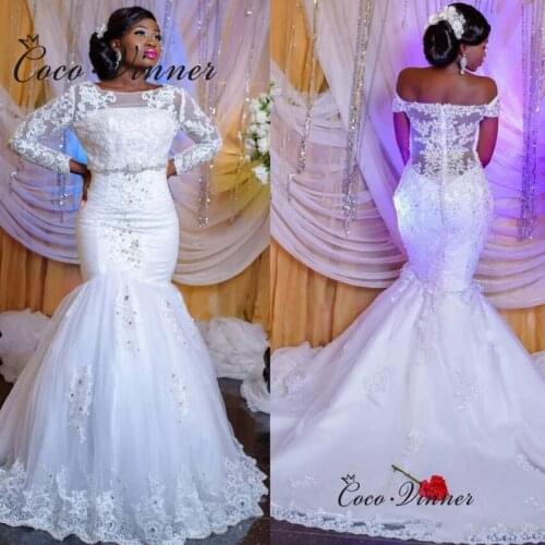 America New Style Wedding Dresses Mermaid Design Long Sleeves Lace Appliques With Stone Beading White Bride Dress Women W0820