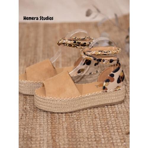 Hemera Studios flat platform sandals Esparto Women summer 2021 women espadrille with Animal print flowers embellishment chain