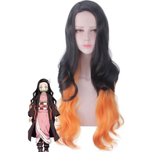 Demon Slayer Kimetsu no Yaiba Kamado Nezuko Cosplay Wig women Long Curly Gradient Synthetic Fake Hair anime Heat Resistant Fiber