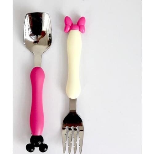 Stainless Steel Kids Spoon Fork Set 2pcs Cartoon Minnie Children Baby Feeding Spoon Cutlery Baby Flatware Training Spork Set