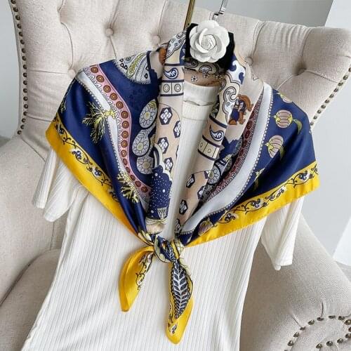 90*90cm Design Scarves for Women Shawl Print Silk Feeling Hijab Scarf Neckerchief Female Bandana Square Foulard Ladies Wrap 2021