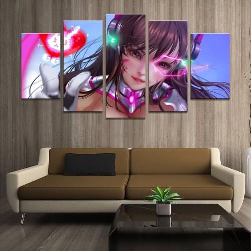 Home Decor Poster HD Pictures Prints Canvas 5 Piece Modular D.Va Overwatch Game Art Living Room Decorative Painting Framed
