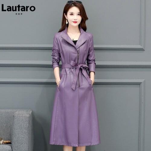 Lautaro Spring Autumn Long Purple Black ArmyGreen Waterproof Soft Faux Leather Coat Women Sashes Zip Up Elegant Luxury Fashion