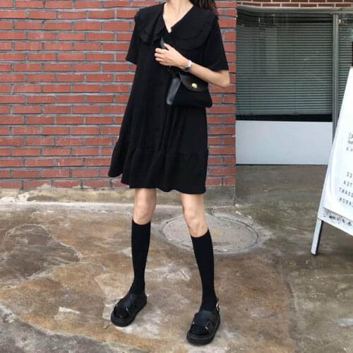 Summer Black Dress Women Doll Collar Ruffle Dress Loose Single Breasted Chiffon Tea Break Dress French Vintage Hepburn Dress2021