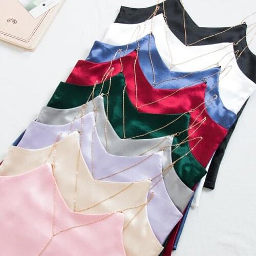 2020 New Summer Sexy Satin Rayon Camis Fashion Metal chain V-Neck Tank Tops Women All-Match Basic Slim backless halter top G1906