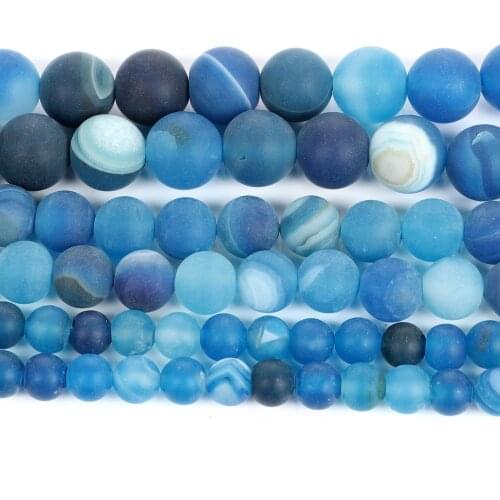 Natural Stone Frosted Blue Veins Agates Charm Round Loose Beads For Jewelry Making Needlework DIY Bracelet Strand 4/6/8/10/12 MM
