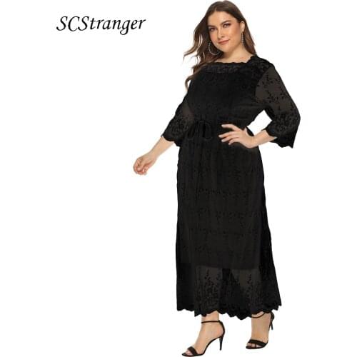 Maxi Dress For Women 2021 Plus Size Black Summer New Style Lace Mid Sleeve One Collar Fairy Beach Vacation Dresses