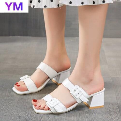 Summer Black White Womens Sandals Beach Buckle Open Toe Square Heels Genuine Leather Zapatillas Casa Mujer Sapato Feminino 43