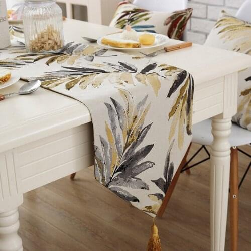 American Table Runners Gold Table Runner with Leaves Jacquard Polyester Table Cloth with Tassel Bed Runner Modern Table Cover