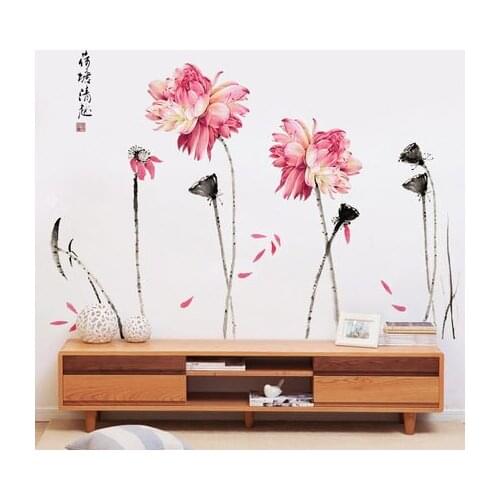 DIY 80*120CM Chinese Style Lotus Vintage Poster Vinyl Wall Sticker Artistic Flower Living Room Study Room Wall Decals Mural