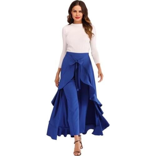 CINESSD Long Skirt Solid High Waist Ruffles A Line Swing Loose Lace Up Belted Casual Maxi Skirt Blue Bowknot Elegant Pant Skirts