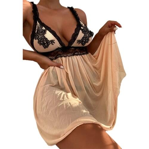 Women Summer Night Skirt, Lace Stitching Spaghetti Strap Deep V-Neck Sleeveless Backless Slip Dress Lingerie for Girls, Beige