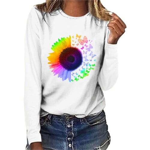 Womens Clothes Spring Autumn T-shirts Pullover Ladies Casual Colorful Sunflowers Print Long Sleeve T Shirt Female Fashion Tops