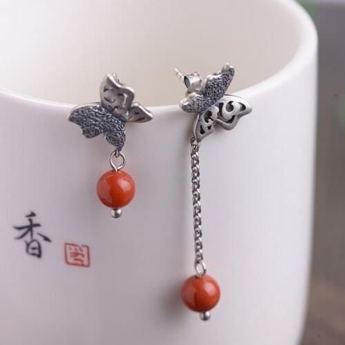 925 silver female fashion national wind restoring ancient ways AB version of the butterfly tassel earrings silver earrings