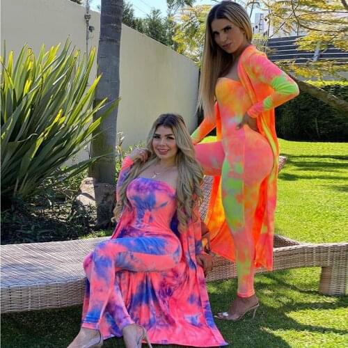 Neon Color Tie Dyeing Print Two Piece Set Tracksuit for Women Long Sleeve Maxi Cardigan+strapless Skinny Jumpsuit Matching Sets