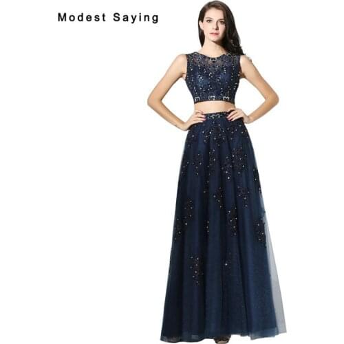 Sexy Navy Blue A-Line Beaded 2 Piece Lace Evening Dress 2017 with Rhinestone Formal Women Party Prom Gownsvestido de festa longo