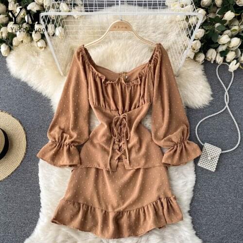 YuooMuoo Fashion High Waist Bandage Dress Women Mini Ruffles Retro Gothic Slim Party Dress Early Autumn Dresses Korean Vestidos