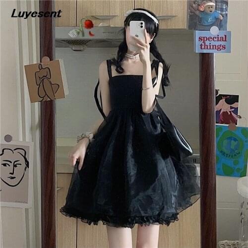 Black Gothic Lady Street Mini Dress Summer High Waist Women Dark Lolita Backless Sleeveless Dresses Mesh Korean Fashion Clothes