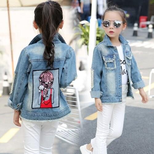 2020 Autumn Baby Girls Hole Denim Jacket Coats Children Outwear Sequins Little Girl Design Kids Cartoon Clothes For 3 to 14 Yrs