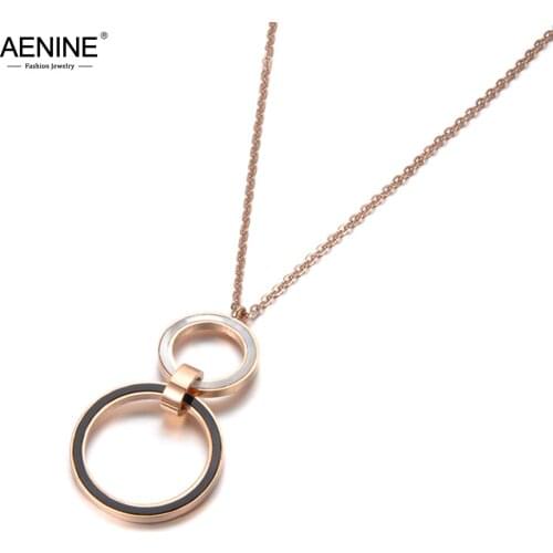 AENINE Stainless Steel Double Circle Black And White Shell Pendant Necklaces 20 Inches Sweater Chain Necklace For Women AN18246