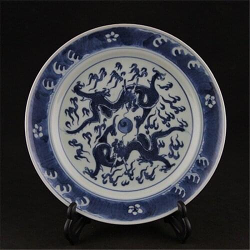 Antique QingDynasty(GUANGXU)porcelain plate,Blue&white ,two dragons play beads,Decoration collection&tadornmen