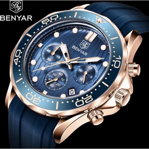 Top Luxury Brand Mens Watches BENYAR Fashion Sports Chronograph Men Quartz Wrist Watch Blue Silicone Strap Relogio Masculino