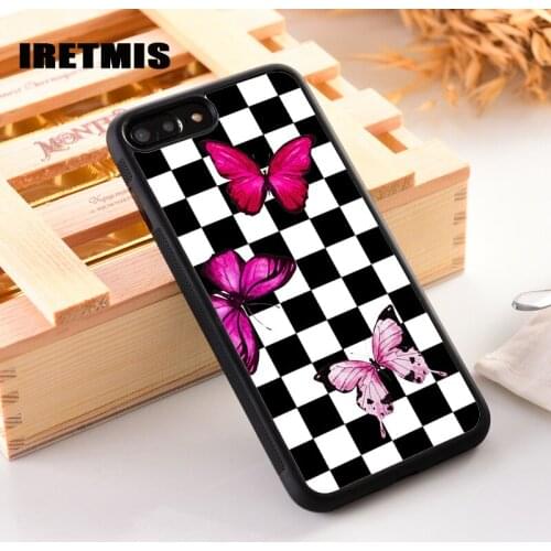 Iretmis Rubber Silicone Phone Cover Case For iPhone 6 6S 7 8 PLUS X XS XR 11 Pro Max Pink Butterfly Checks