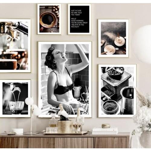 Coffee Bean Spaghetti Sexy Girl Wall Art Canvas Painting Vintage Nordic Poster And Prints Wall Pictures Cafe Restaurant Decor