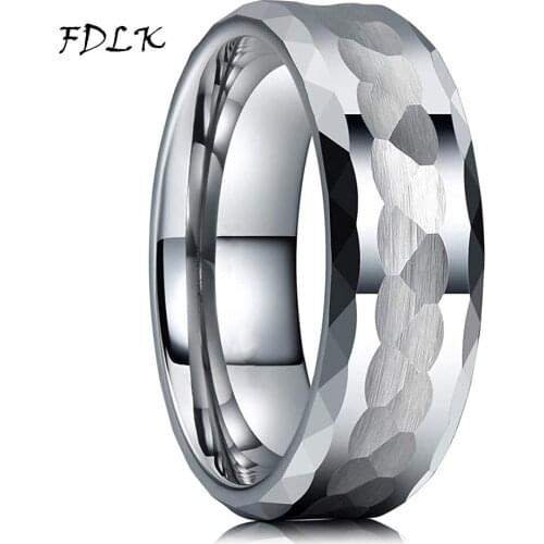 8MM Mens Silver Tungsten Carbide Ring Hammer Comfort Fit Multi-Faceted Men Engagement Ring Fashion Men Anniversary Jewelry Gifts