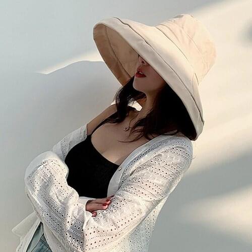 Summer Women Solid Sun Hat Elegant Big Wide Brim Foldable Anti-UV Beach Sun Floppy Hats Flat Caps Bob Korean Version 2021