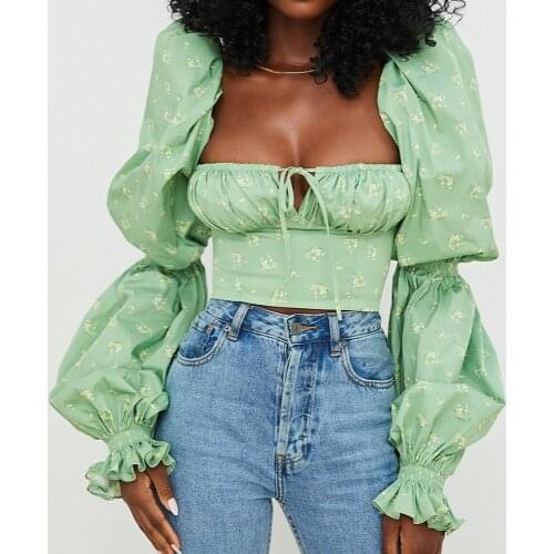 Trendy Floral Printed Sexy Blouse Tops Long Flared Sleeve Low-Cut Square Collar Ruched Lace-Up Slim Wild Back Zip Cropped Blouse