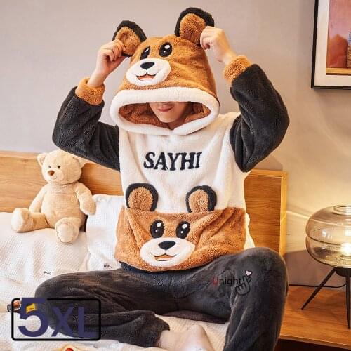 Mens Pajamas Overalls Plus Size 5XL Thick Flannel Kigurumi for Adult Cute Inter Pajamas Hood Pullover Home Clothes Chest 132cm