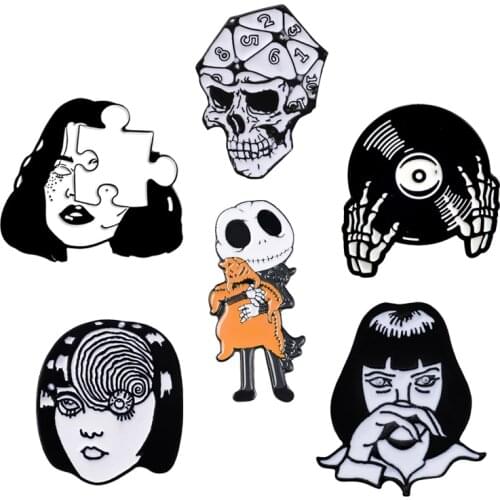 Halloween skull set Black short Enamel Pin Girl Punk Goth woman face Brooch Lapel Pins for Bag Jackets Punk Fashion Jewelry Gift