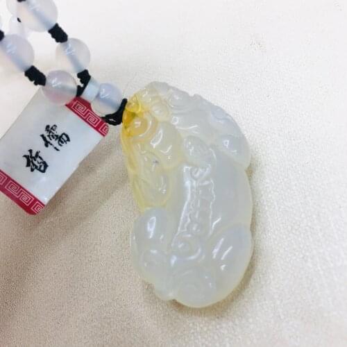 Natural Brazilian Ice Chalcedony Jade Engraved Two-Color White Unicorn Pendant with Chalcedony Bead Necklace Sweater Chain