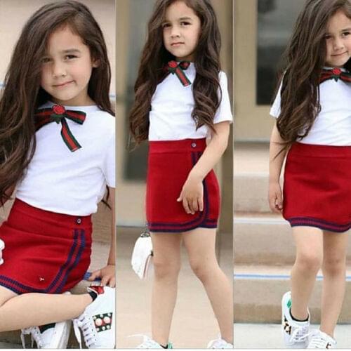 2021 Brand New 1-5Y Summer Toddler Baby Girl Clothes Sets Floral Embroidery White Cotton T-Shirts Tops Red Mini Pencil Skirts