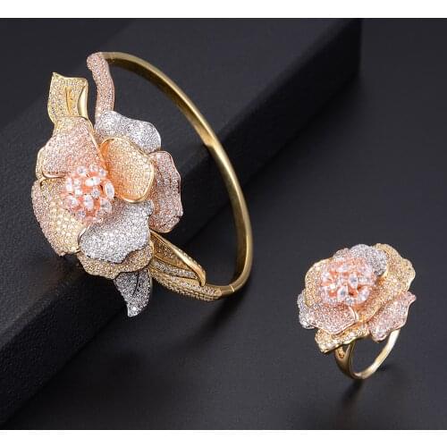 Luxury Flower Full Micro Cubic Zirconia Geometry Hollow Bangle Ring Sets Wedding Daily Anniversary Jewelry Accessories For Woman