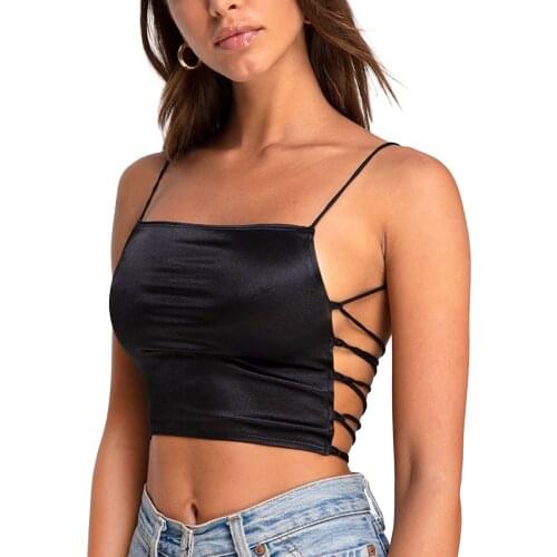Sexy Camisole Women’s Bandage Crop Top Solid Color Backless Tank Top Spaghetti Strap Exposed Navel Lace Up Summer Tube Top Party
