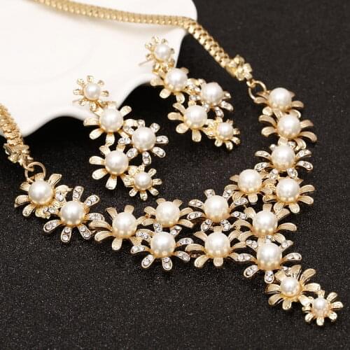 Gold Color Flowers Simulated Pearl Jewelry Sets Full Crystals Stud Earrings Choker Pendants & Necklaces Fine Jewelry Set