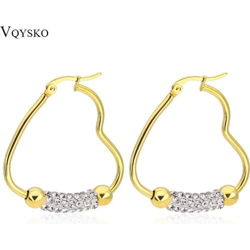 Stainless Steel Simple Romantic Jewelry Hollow Big Gold Color Heart Hoop Earrings For Women Crystal Brinco Feminino Gift