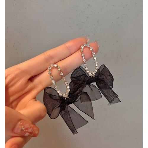 XIYANIKE Black Yarn Bowknot Rhinestone Drop Earrings Geometric Alloy Ear Accessories 2021 For Women Fashion Party Jewelry Gift