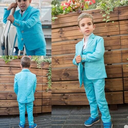 Blue Linen 2020 Handsome Boys Formal Wear Jacket Pants 2 Pieces Set Suits for Wedding Dinner Children Kids Tuxedos