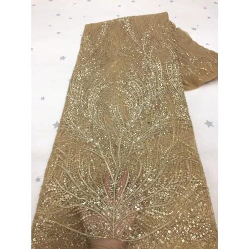 5yards/pc) High grade gold wedding tulle lace fabric rich tube beads and sequins embroidered African French net lace FZX131