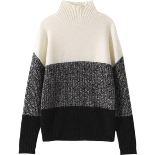 SHUCHAN Turtleneck SWEATER WOMEN 30% Cashmere 70% Wool High Street Patchwork Winter Fall Sweaters for Women