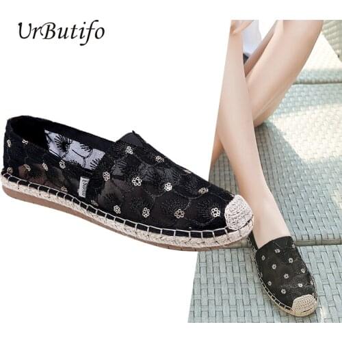UrButifo Womens Flats Floral Print Woman Loafers Mash Lace Summer Shoes Women Slip-On Ballet Flats Round Toe Schoenen Vrouw